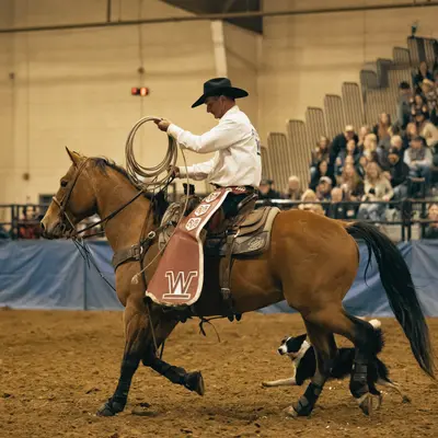 A cowboy on horseback holding a lasso in an indoor arena with spectators.