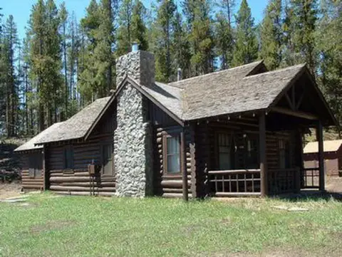 A rustic log cabin with a stone chimney stands among pine trees.