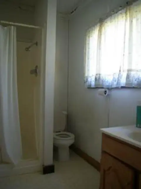This is a photo of an indoor bathroom with a shower, toilet, and sink.